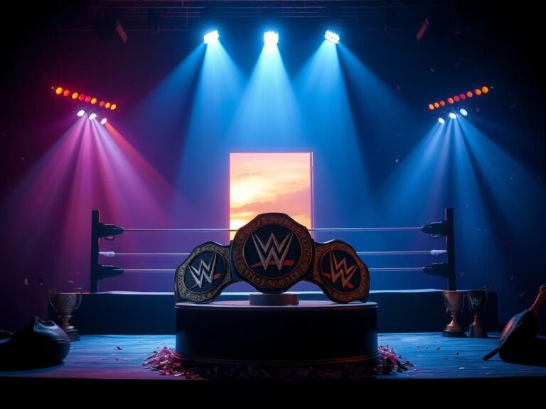 Flick International A wrestling ring illuminated by spotlight beams with championship belts and an open door symbolizing new opportunities.