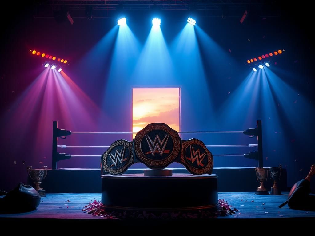 Flick International A wrestling ring illuminated by spotlight beams with championship belts and an open door symbolizing new opportunities.