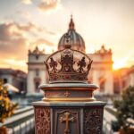 Flick International A serene view of St. Peter's Square at dawn with a papal tiara on a pedestal