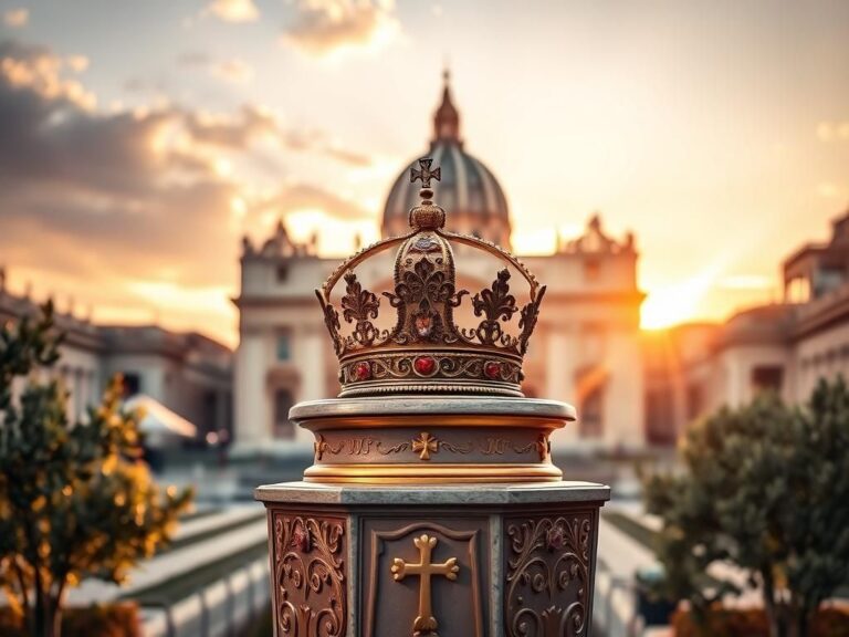 Flick International A serene view of St. Peter's Square at dawn with a papal tiara on a pedestal