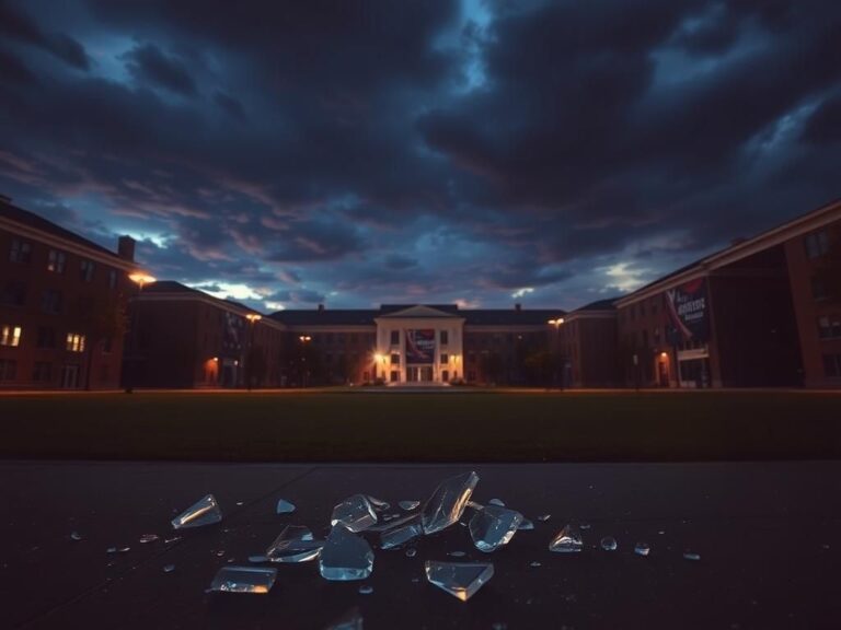 Flick International College campus scene at dusk with broken glass and darkened buildings