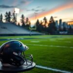 Flick International A serene view of the Seattle Seahawks practice field at dusk with a football helmet in the foreground