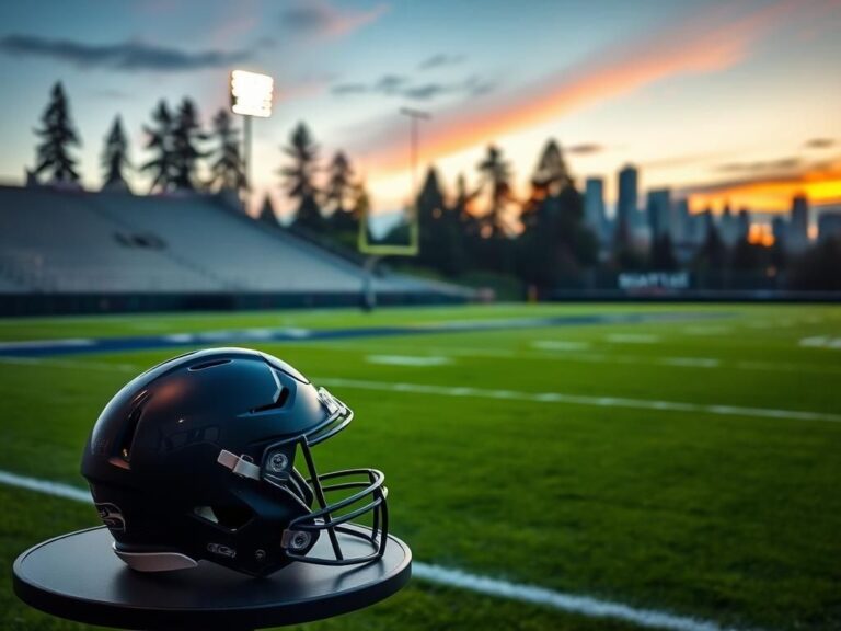 Flick International A serene view of the Seattle Seahawks practice field at dusk with a football helmet in the foreground