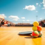 Flick International Vibrant pickleball court with paddle and colorful pickleballs, capturing the essence of the game