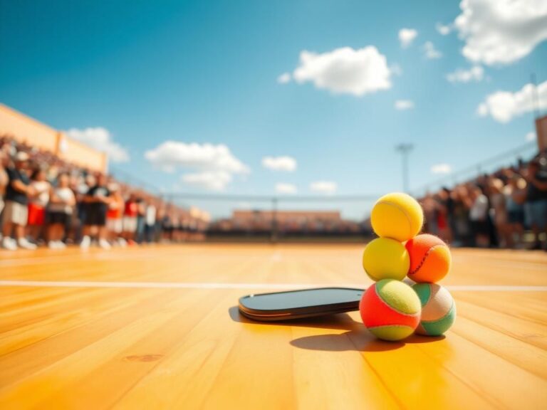 Flick International Vibrant pickleball court with paddle and colorful pickleballs, capturing the essence of the game