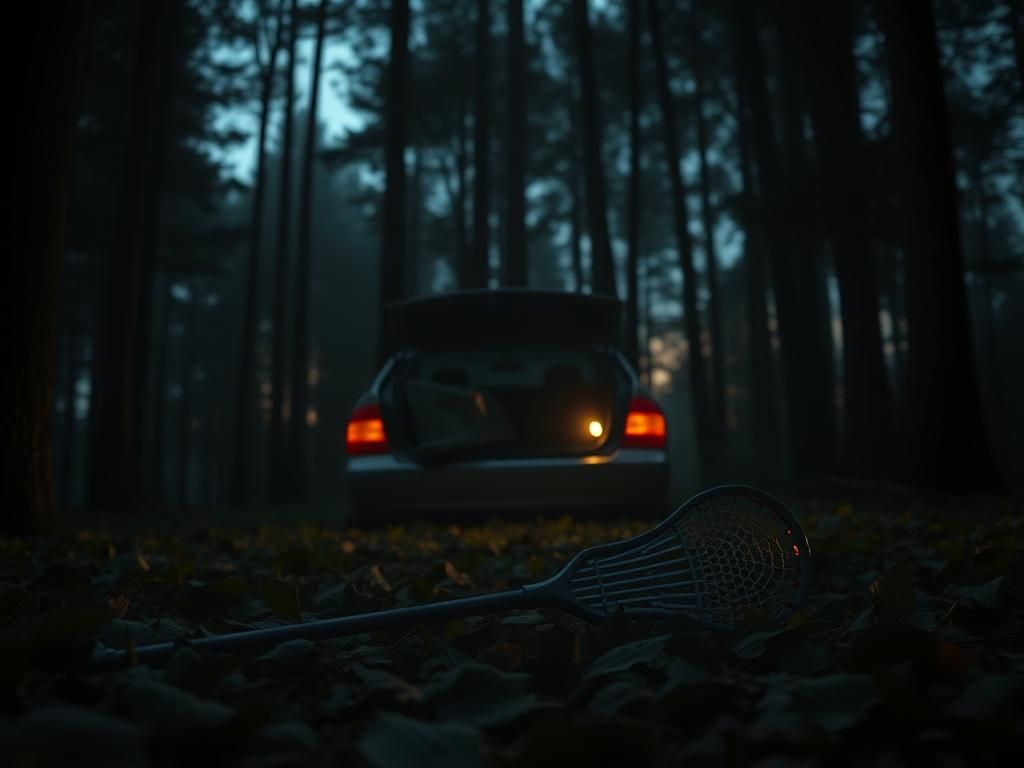 Flick International Discarded lacrosse stick in a dark forest, symbolizing the dangers of hazing