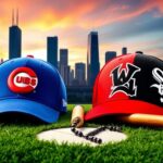 Flick International Dynamic scene of Chicago baseball rivalry with Cubs and White Sox caps on a grassy field