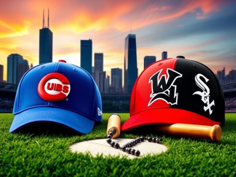 Flick International Dynamic scene of Chicago baseball rivalry with Cubs and White Sox caps on a grassy field