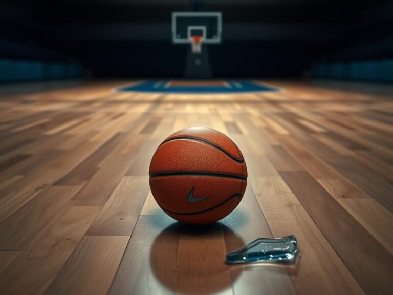 Flick International A close-up of a basketball court with an abandoned basketball and shattered glass, symbolizing tension and struggle in sports.