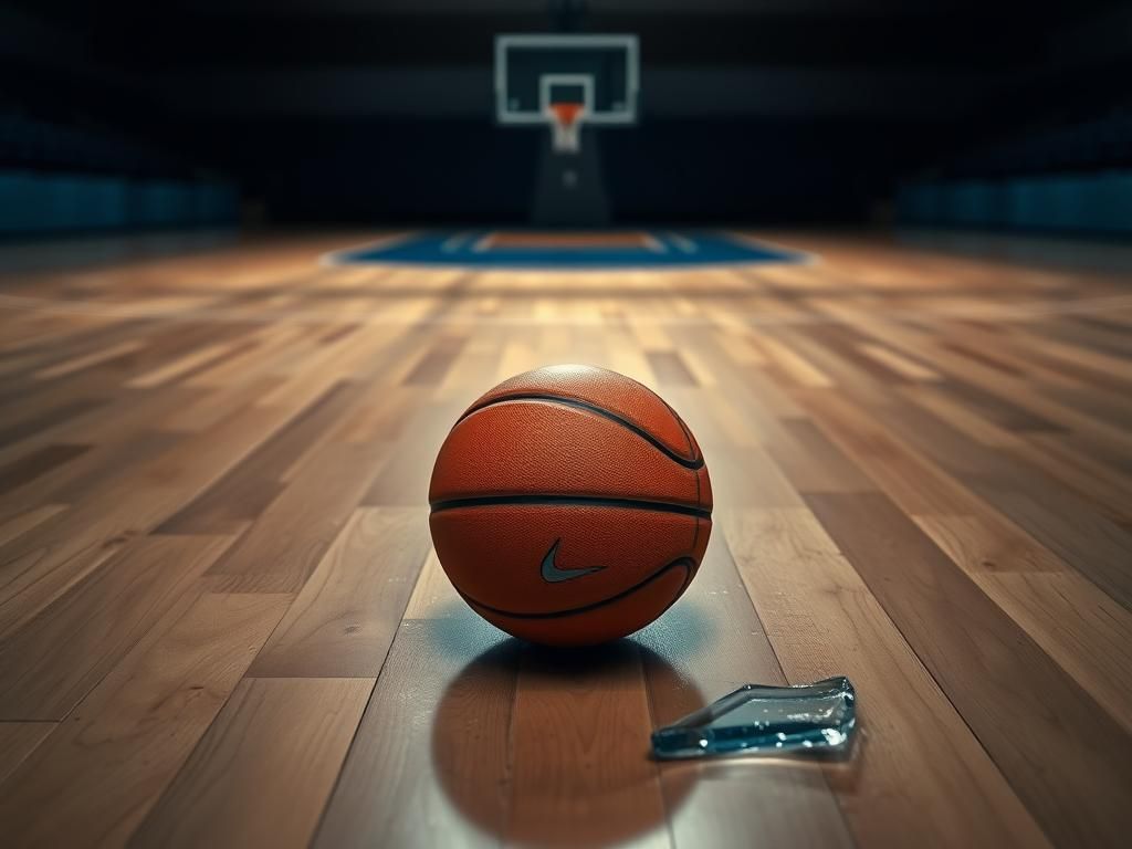 Flick International A close-up of a basketball court with an abandoned basketball and shattered glass, symbolizing tension and struggle in sports.