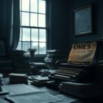 Flick International Dimly lit office space with vintage typewriter and cluttered desk