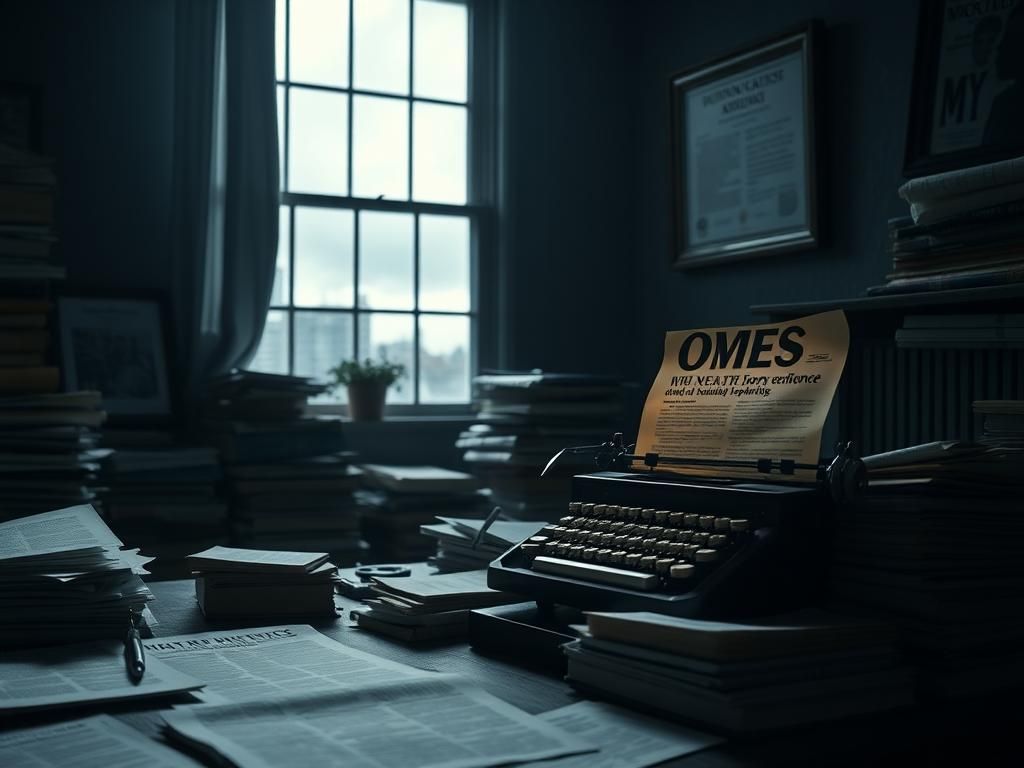 Flick International Dimly lit office space with vintage typewriter and cluttered desk