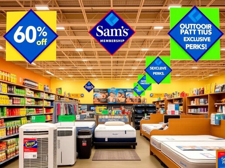 Flick International A vibrant interior of a Sam's Club store with organized aisles and colorful price tags showcasing discounts.