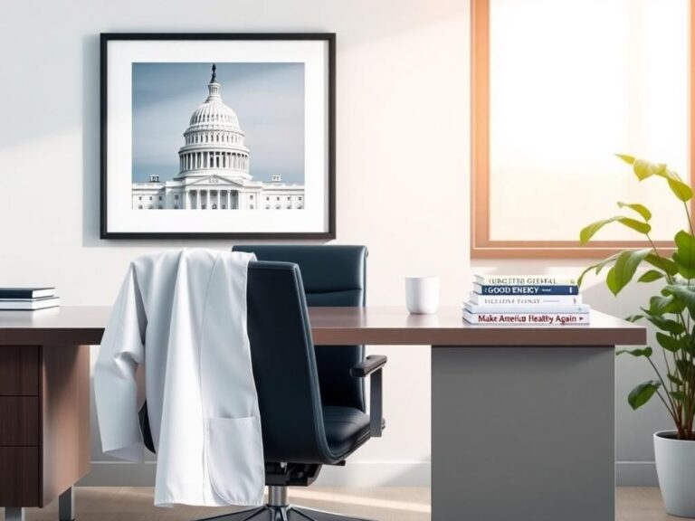 Flick International Modern office environment with a desk and lab coat, symbolizing new surgeon general nominee Dr. Casey Means