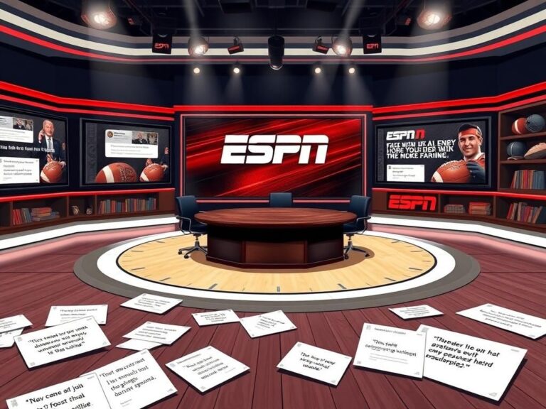 Flick International Dynamic illustration of an empty sports discussion panel in a television studio set
