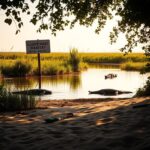 Flick International Tranquil Florida landscape depicting an alligator habitat with signs of human activity