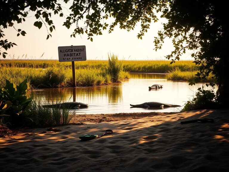 Flick International Tranquil Florida landscape depicting an alligator habitat with signs of human activity
