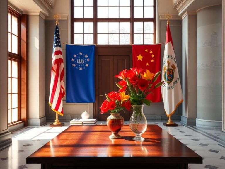 Flick International Formal interior of a state capitol building with U.S. and Massachusetts flags
