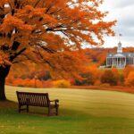 Flick International Serene landscape of New Hampshire with autumn foliage and a wooden bench