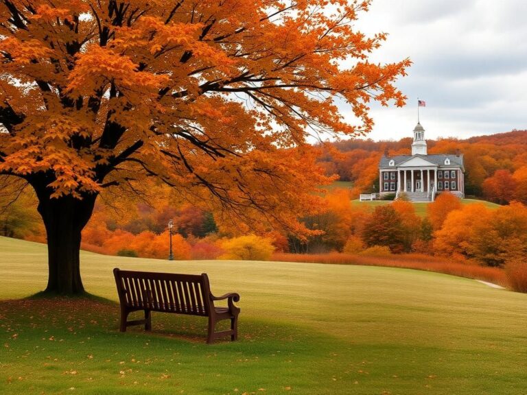 Flick International Serene landscape of New Hampshire with autumn foliage and a wooden bench