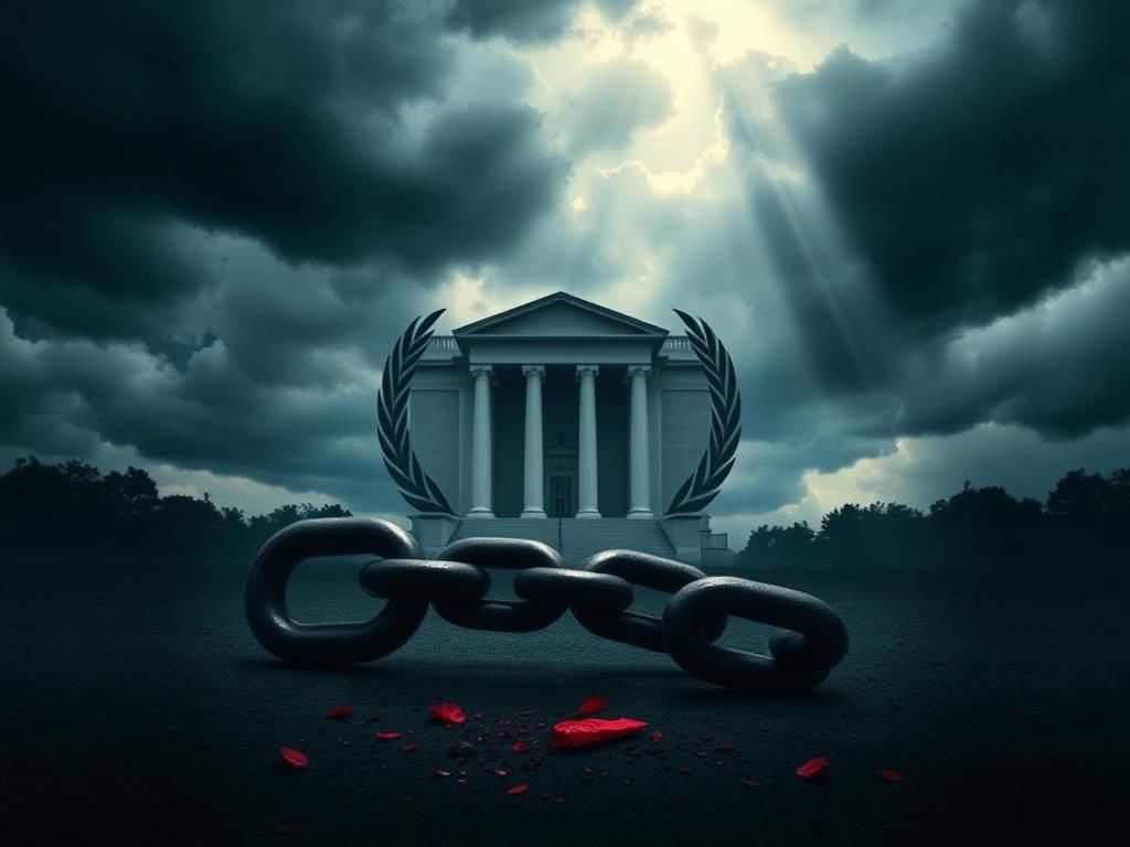 Flick International Dramatic abstract representation of the United Nations building amid storm clouds symbolizing political tension