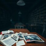 Flick International Dimly lit library interior with scattered pamphlets glorifying a controversial figure