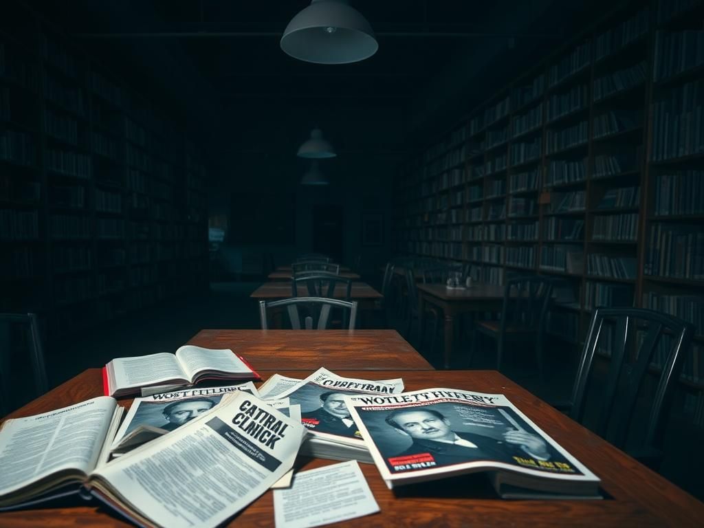 Flick International Dimly lit library interior with scattered pamphlets glorifying a controversial figure