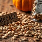 Flick International Close-up of organic jumbo pumpkin seeds with a rustic recall sign