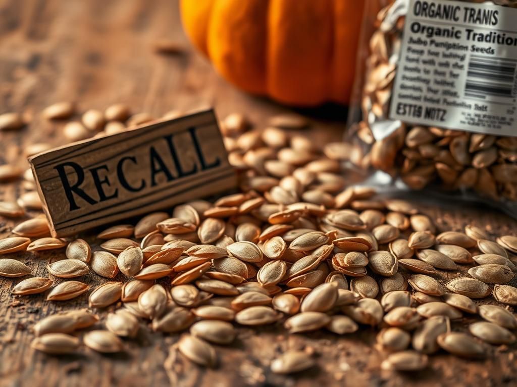 Flick International Close-up of organic jumbo pumpkin seeds with a rustic recall sign