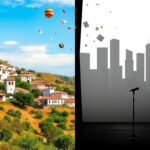 Flick International A split-image contrasting a vibrant Spanish landscape with traditional architecture and a monochromatic urban setting symbolizing public scrutiny