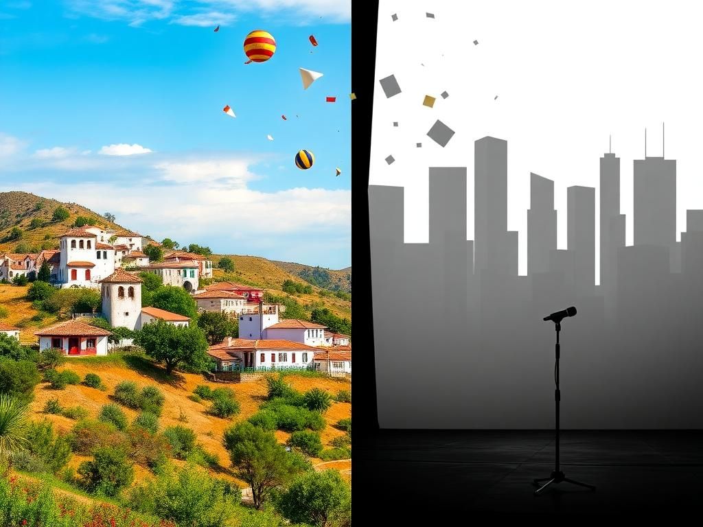 Flick International A split-image contrasting a vibrant Spanish landscape with traditional architecture and a monochromatic urban setting symbolizing public scrutiny