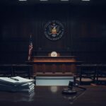 Flick International Somber courtroom setting with a wooden judge's bench and empty chairs, symbolizing absence of witnesses