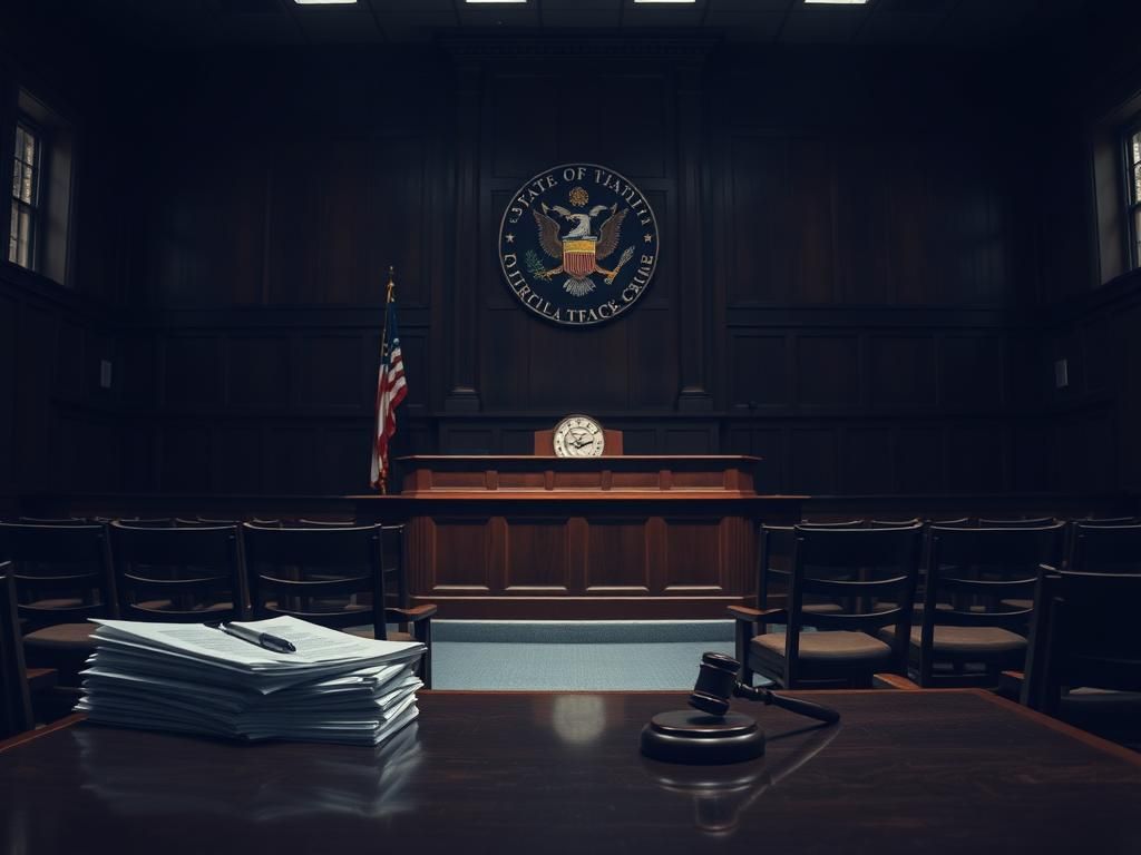 Flick International Somber courtroom setting with a wooden judge's bench and empty chairs, symbolizing absence of witnesses