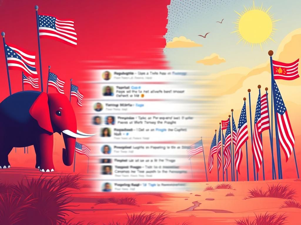 Flick International Conceptual illustration of a political landscape in a pro-Trump district showing contrasting symbols of Republican and progressive politics.