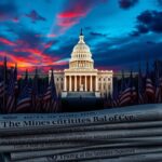 Flick International Stylized representation of the United Nations building with American flags and a silhouette of the Capitol at twilight