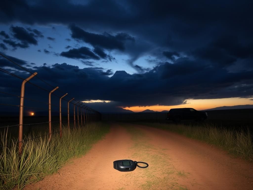 Flick International Abandoned ankle monitor lying in grass on a rural dirt road symbolizing a murder suspect's escape