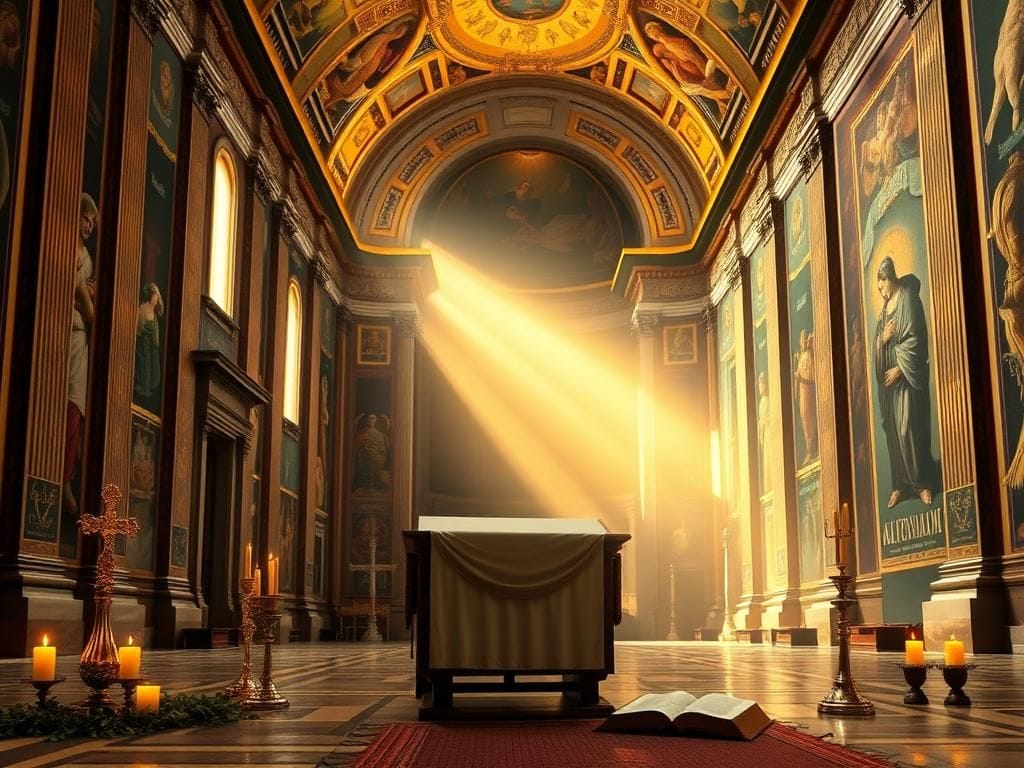 Flick International Serene interior of the Sistine Chapel with grand frescoes and ornate lectern
