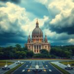 Flick International Grand ancient papal cathedral surrounded by lush greenery and storm clouds