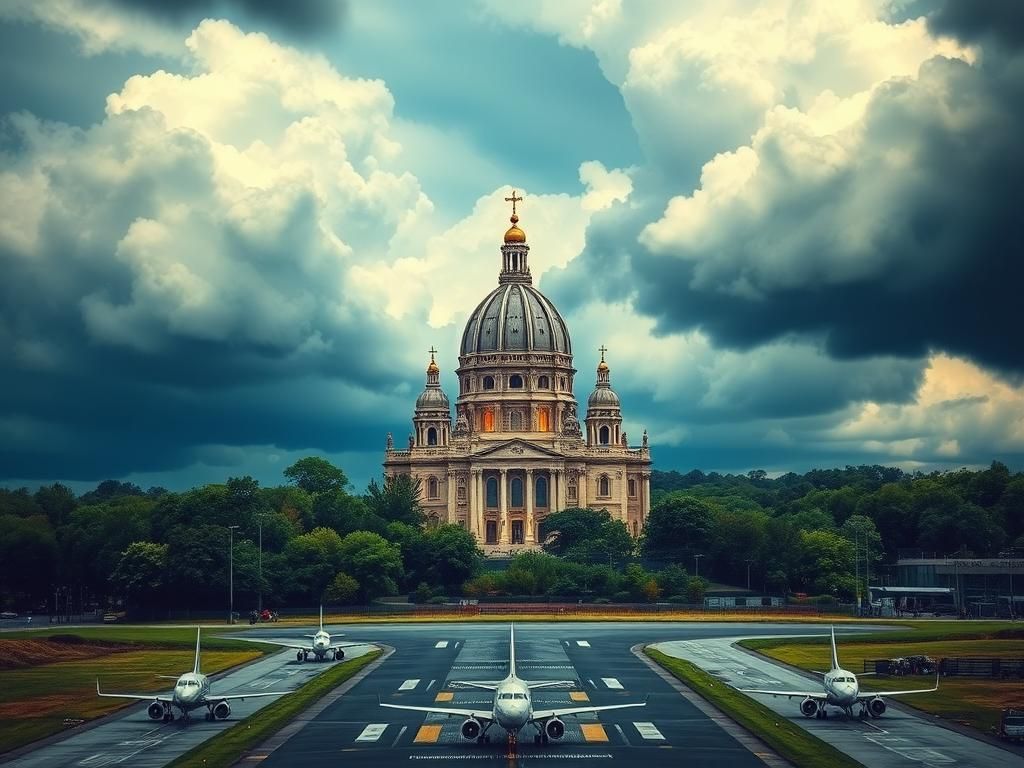Flick International Grand ancient papal cathedral surrounded by lush greenery and storm clouds