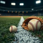 Flick International Close-up of a worn baseball glove beside a chalked first base line in a dimly lit stadium