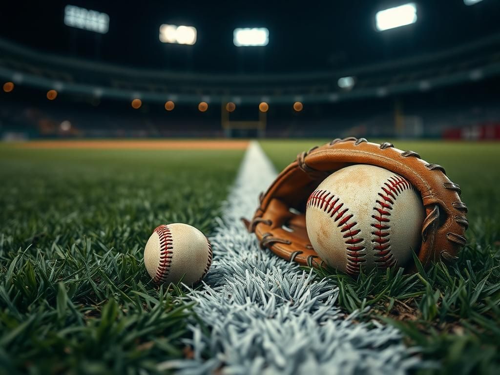 Flick International Close-up of a worn baseball glove beside a chalked first base line in a dimly lit stadium
