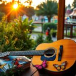 Flick International Vintage acoustic guitar resting on a wooden porch surrounded by greenery and blooming wildflowers