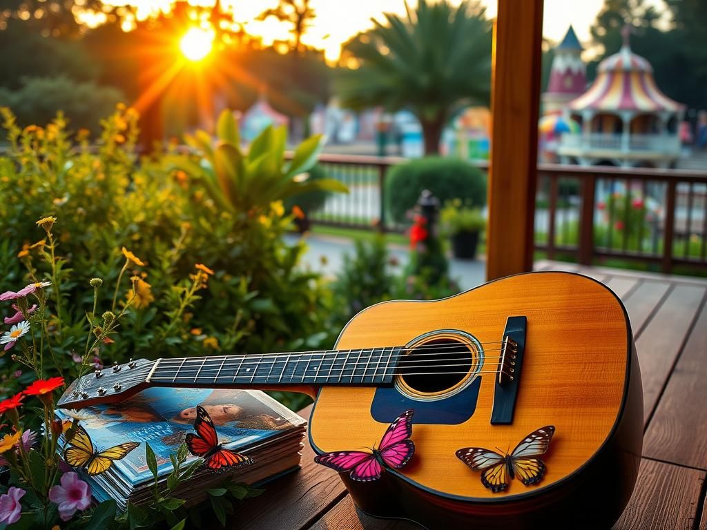 Flick International Vintage acoustic guitar resting on a wooden porch surrounded by greenery and blooming wildflowers