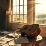 Flick International Serene studio space featuring an acoustic guitar on a rustic wooden stool surrounded by sheet music and a glowing lamp.