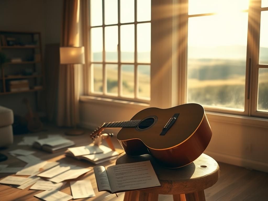 Flick International Serene studio space featuring an acoustic guitar on a rustic wooden stool surrounded by sheet music and a glowing lamp.