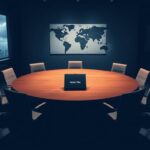 Flick International Dimly lit conference room with empty round table and documents labeled 'Nuclear Talks'