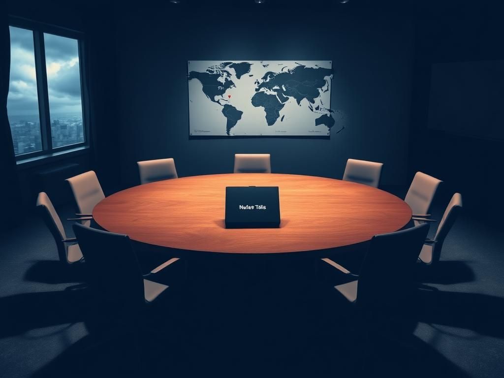 Flick International Dimly lit conference room with empty round table and documents labeled 'Nuclear Talks'