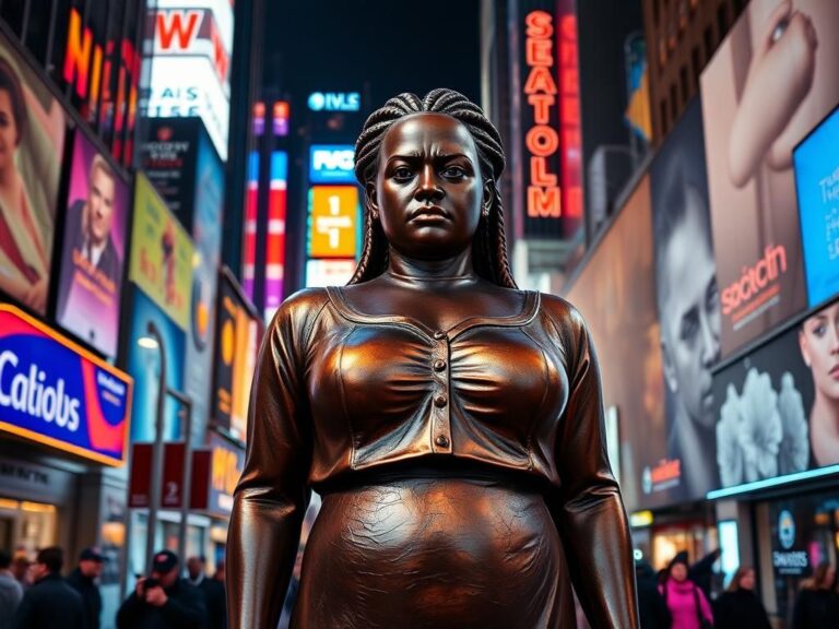 Flick International A 12-foot bronze statue of a generic Black woman with a stern expression in Times Square