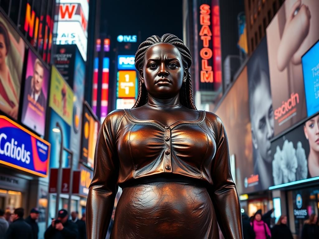 Flick International A 12-foot bronze statue of a generic Black woman with a stern expression in Times Square