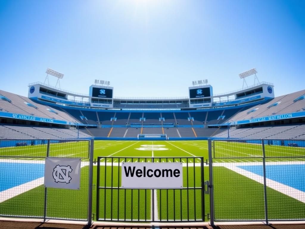 Flick International Empty UNC football facility showcasing light blue and white colors under a bright blue sky